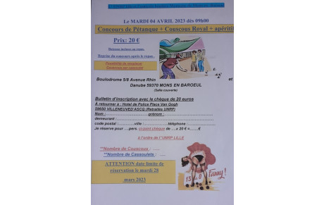 5ème Tournoi de Pétanque avec Repas organisé par l' U.N.R.P et A.B.M 