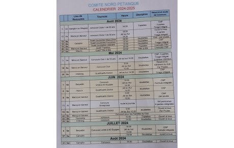 Calendrier des concours du Comité Nord Pétanque (Avril à Août)