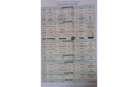 Calendrier des concours du Comité Nord Pétanque (Septembre à Mars 2025)